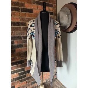 Between Me & You Southwestern Geometric Open Front Cardigan Sweater Blue Cream L